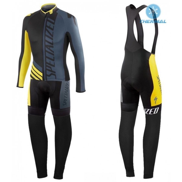 2016 Specialized Pro Team SZK Schwarz-Grau-Gelb thermisch Fahrradbekleidung Satz Radtrikot Langarm+Lang Trägerhose Radtrikot Kaufen