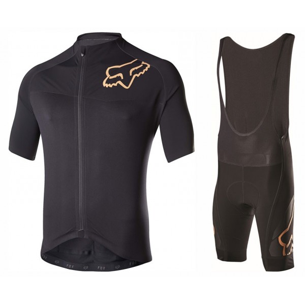 2017 Team FOX Homme Schwarz Gold Fahrradbekleidung Satz Radtrikot Kurzarm+Kurz Trägerhose Radtrikot Kaufen
